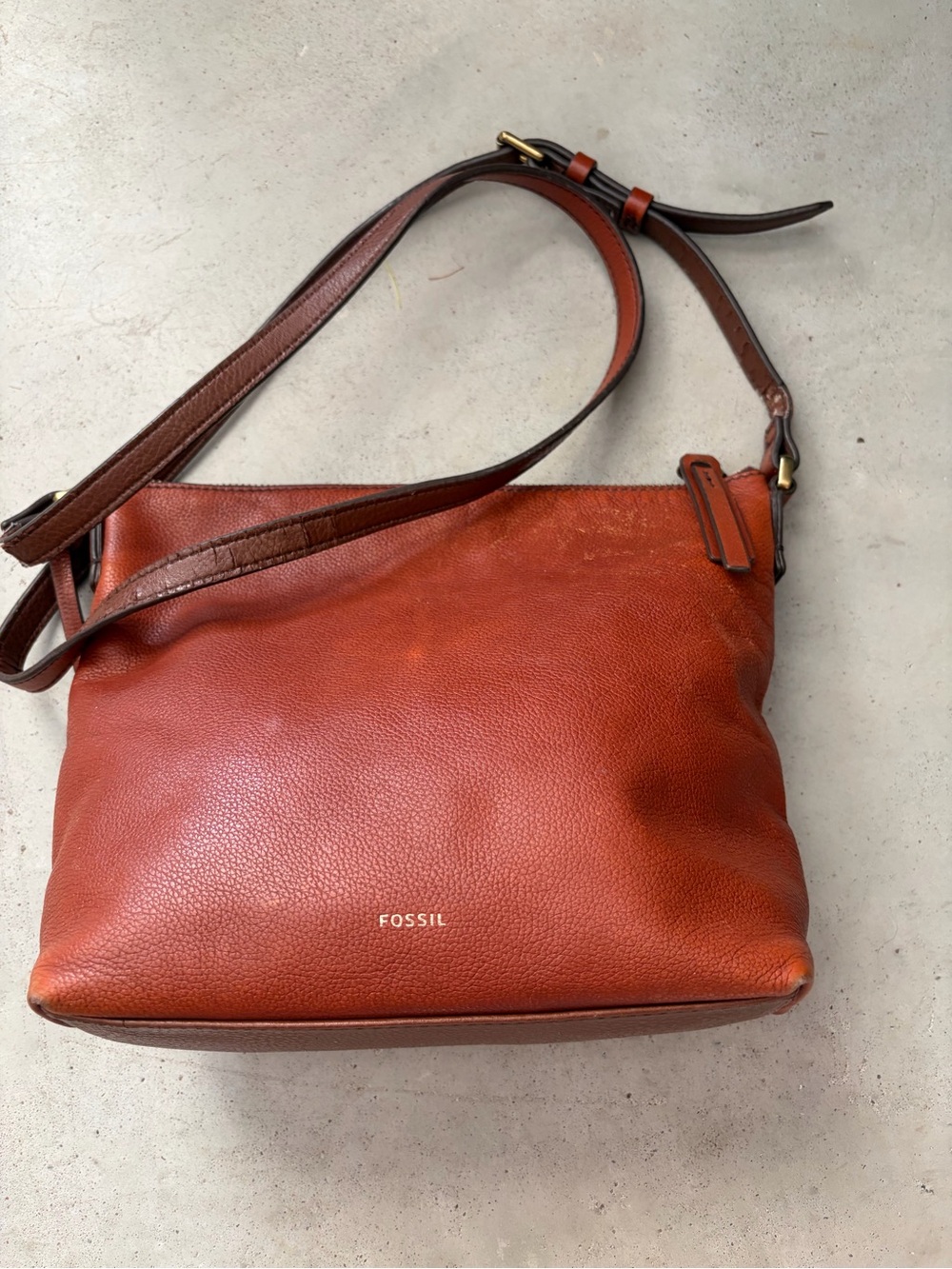 Fossil Cognac Saddle Brown Pebbled Leather Crossbody Purse Bag